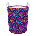 Purple Bohemian Peacock Feather Print Round Laundry Basket