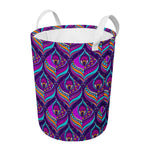 Purple Bohemian Peacock Feather Print Round Laundry Basket