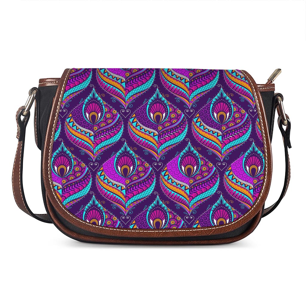 Purple Bohemian Peacock Feather Print Saddle Bag