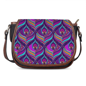 Purple Bohemian Peacock Feather Print Saddle Bag