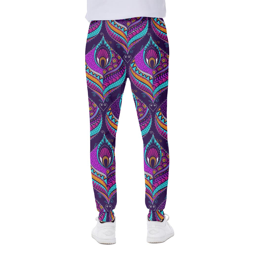 Purple Bohemian Peacock Feather Print Scuba Joggers