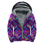 Purple Bohemian Peacock Feather Print Sherpa Lined Zip Up Hoodie