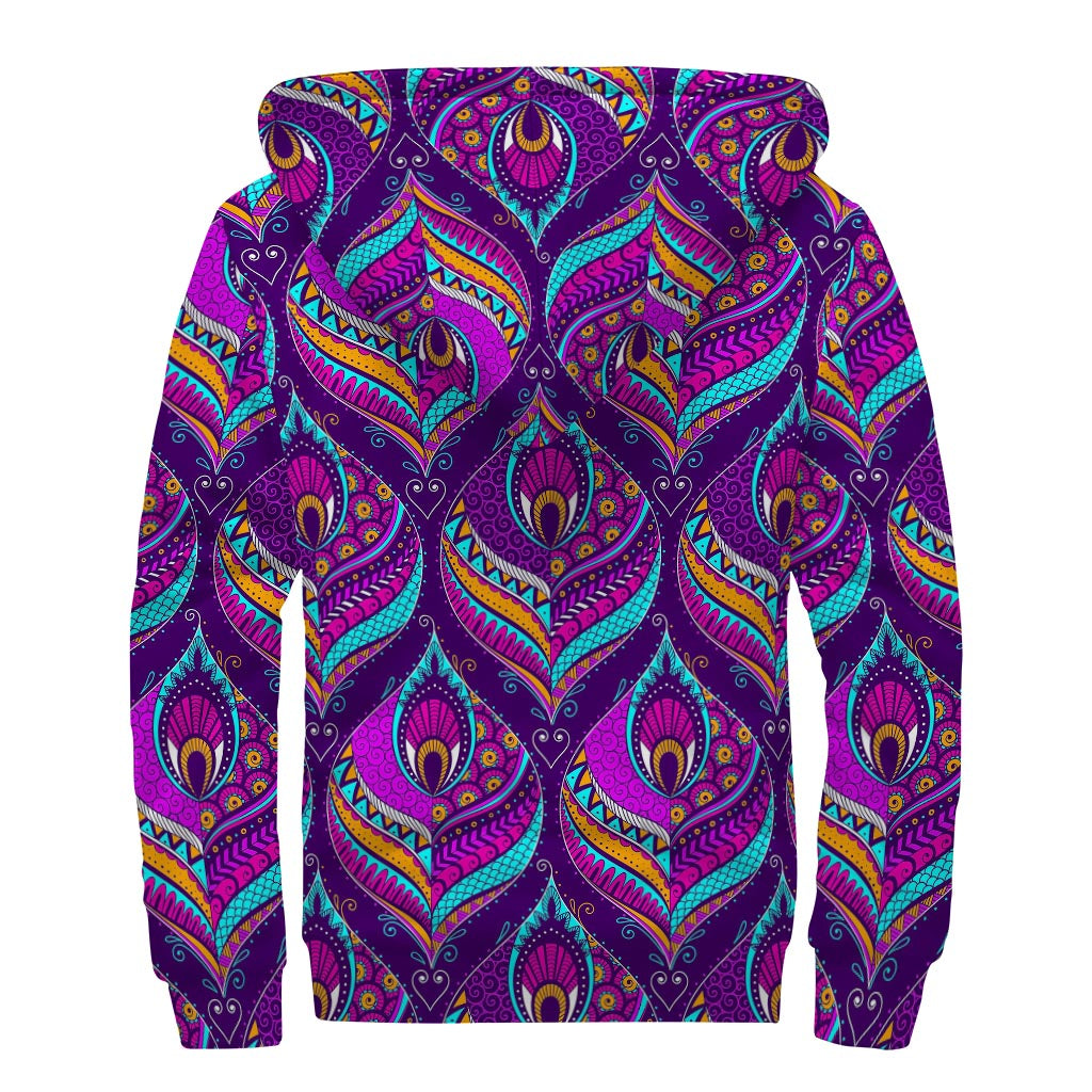 Purple Bohemian Peacock Feather Print Sherpa Lined Zip Up Hoodie