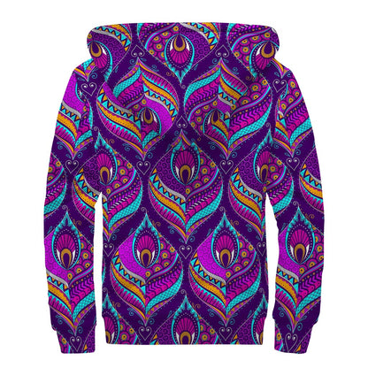 Purple Bohemian Peacock Feather Print Sherpa Lined Zip Up Hoodie
