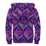 Purple Bohemian Peacock Feather Print Sherpa Lined Zip Up Hoodie