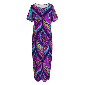 Purple Bohemian Peacock Feather Print Short Sleeve Long Nightdress