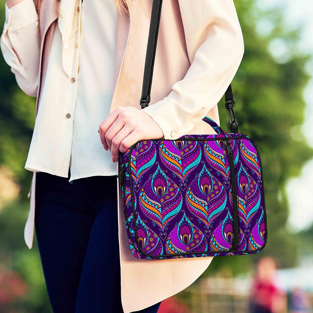 Purple Bohemian Peacock Feather Print Shoulder Strap Bible Bag