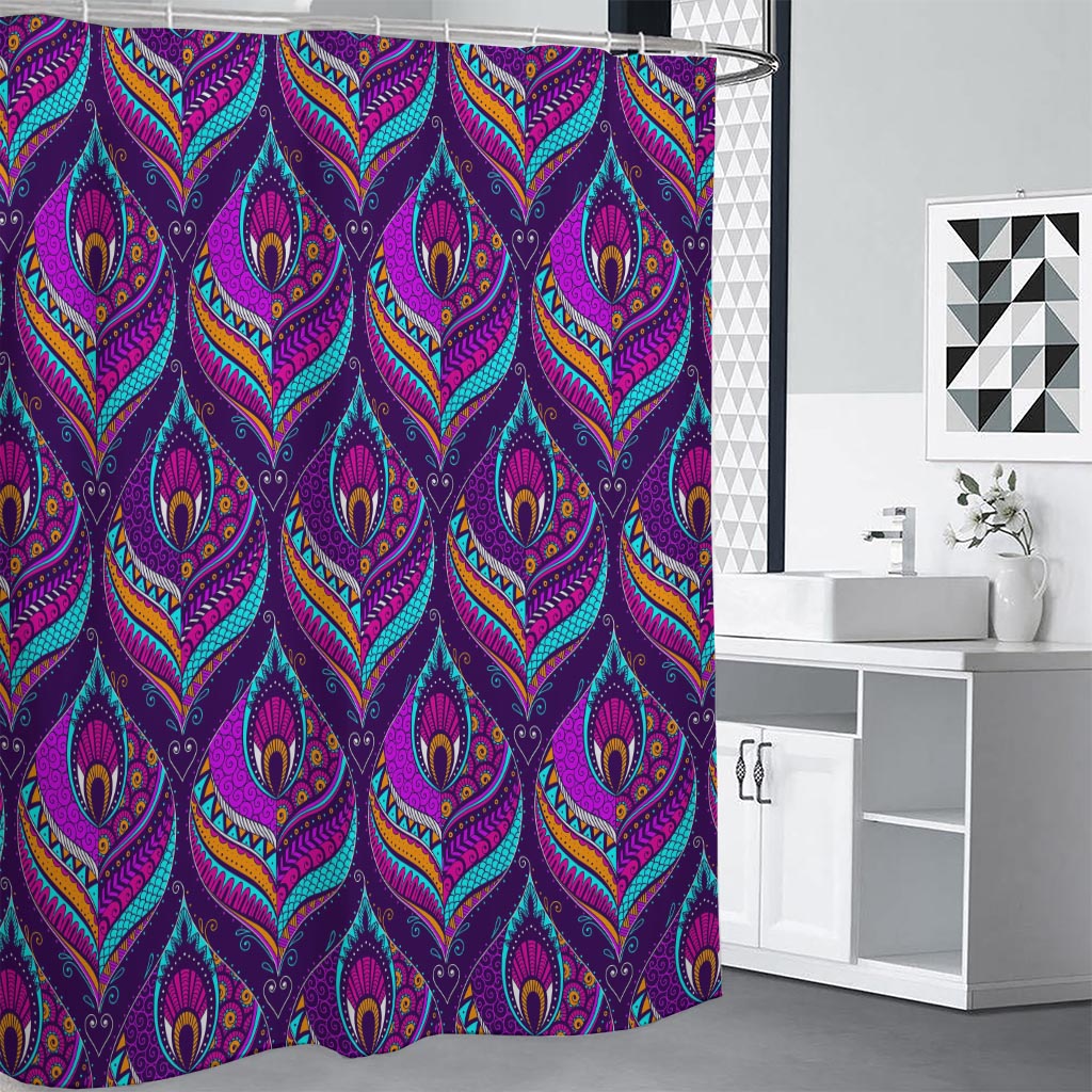 Purple Bohemian Peacock Feather Print Shower Curtain