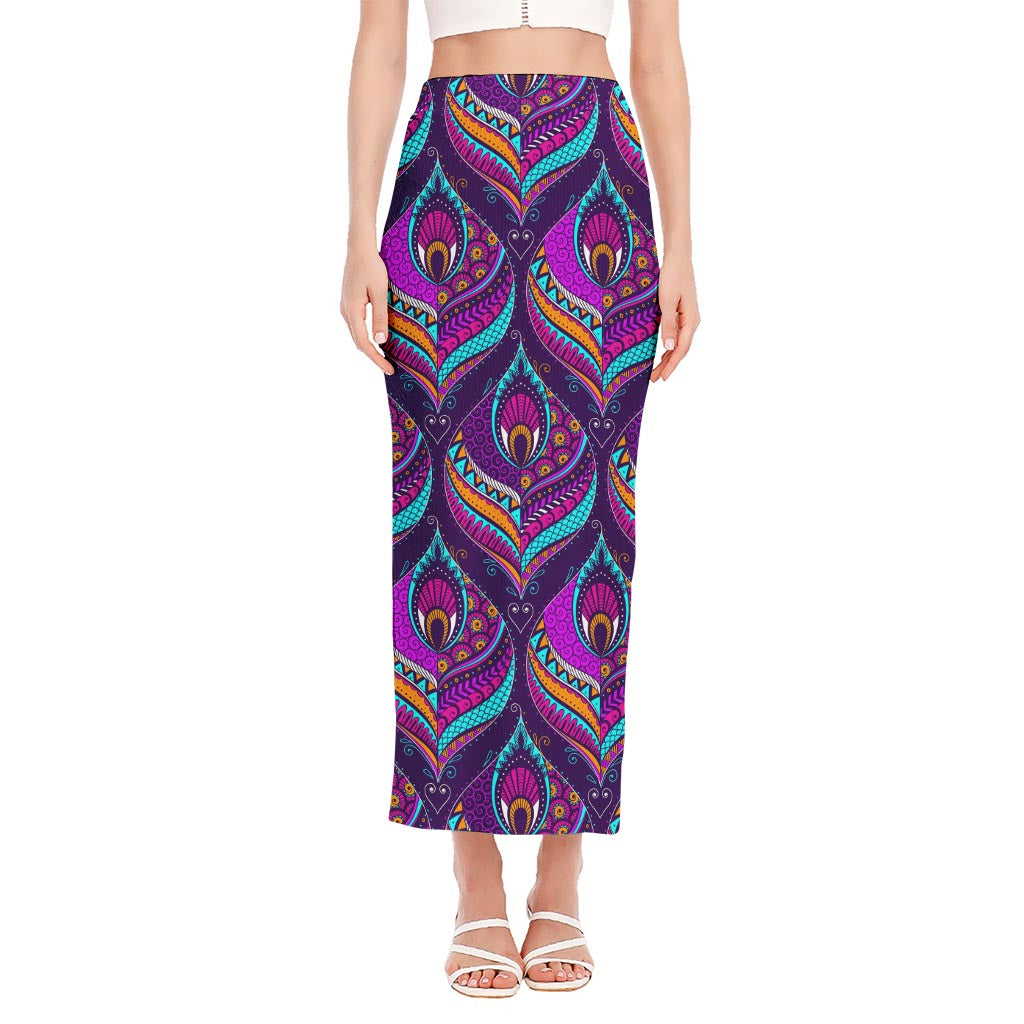 Purple Bohemian Peacock Feather Print Side Slit Maxi Skirt
