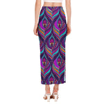 Purple Bohemian Peacock Feather Print Side Slit Maxi Skirt