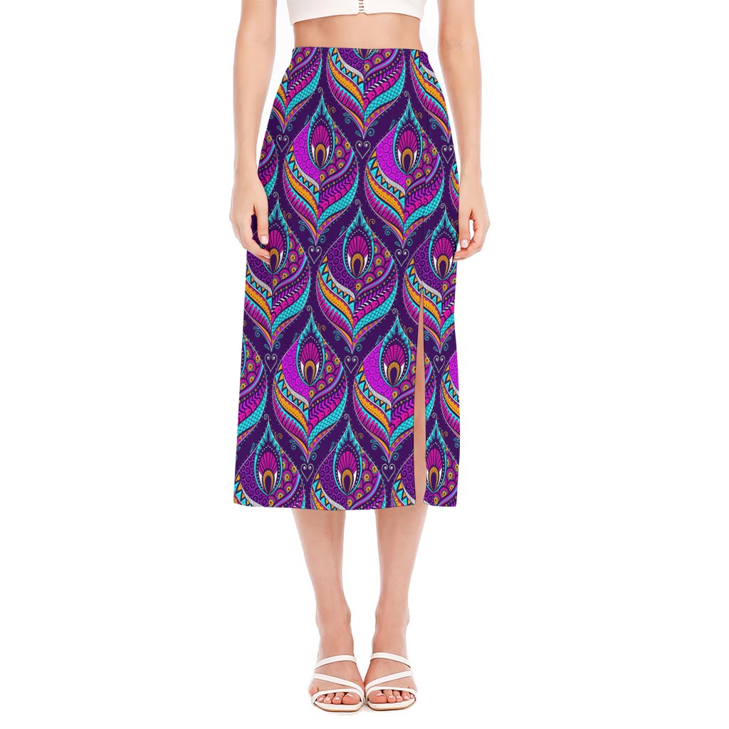 Purple Bohemian Peacock Feather Print Side Slit Midi Skirt