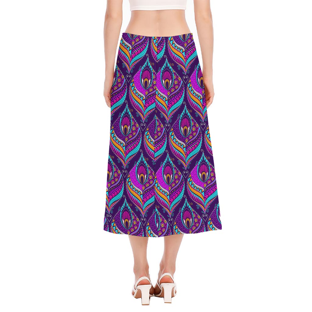 Purple Bohemian Peacock Feather Print Side Slit Midi Skirt