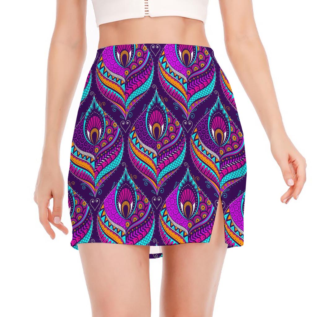 Purple Bohemian Peacock Feather Print Side Slit Mini Skirt