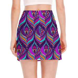 Purple Bohemian Peacock Feather Print Side Slit Mini Skirt