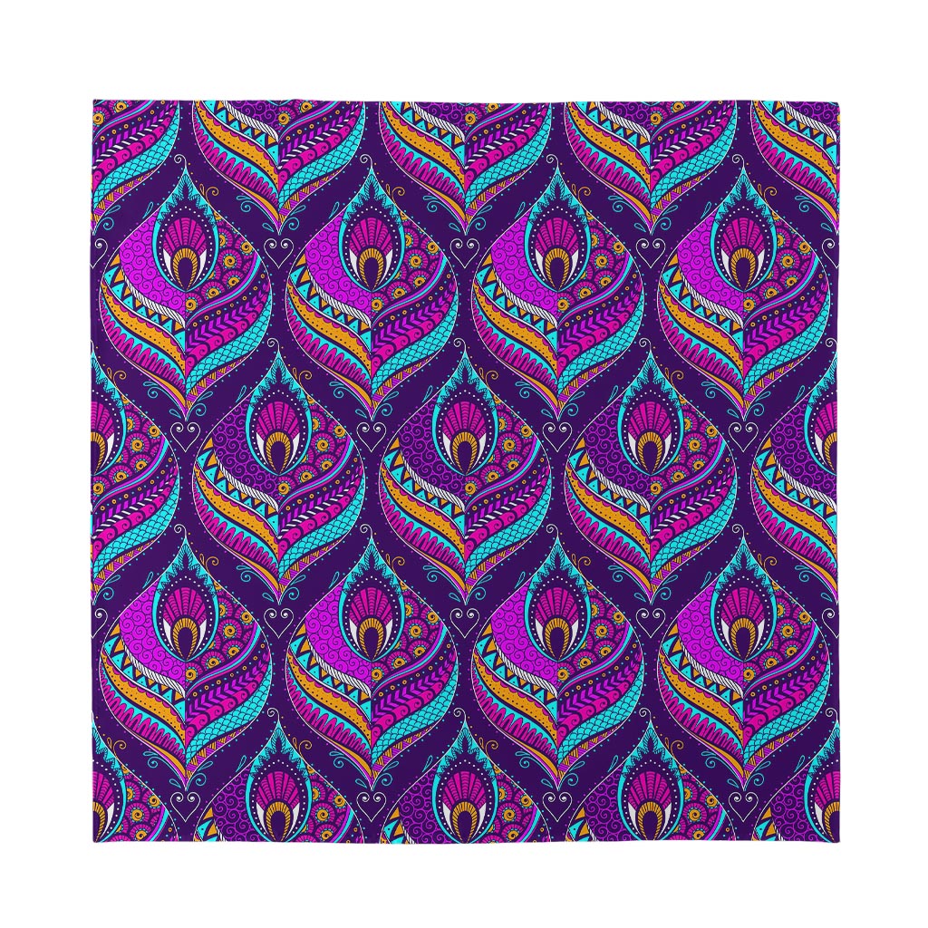 Purple Bohemian Peacock Feather Print Silk Bandana