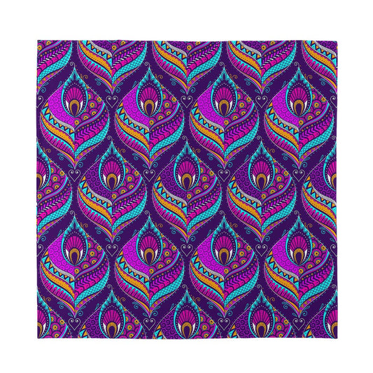 Purple Bohemian Peacock Feather Print Silk Bandana