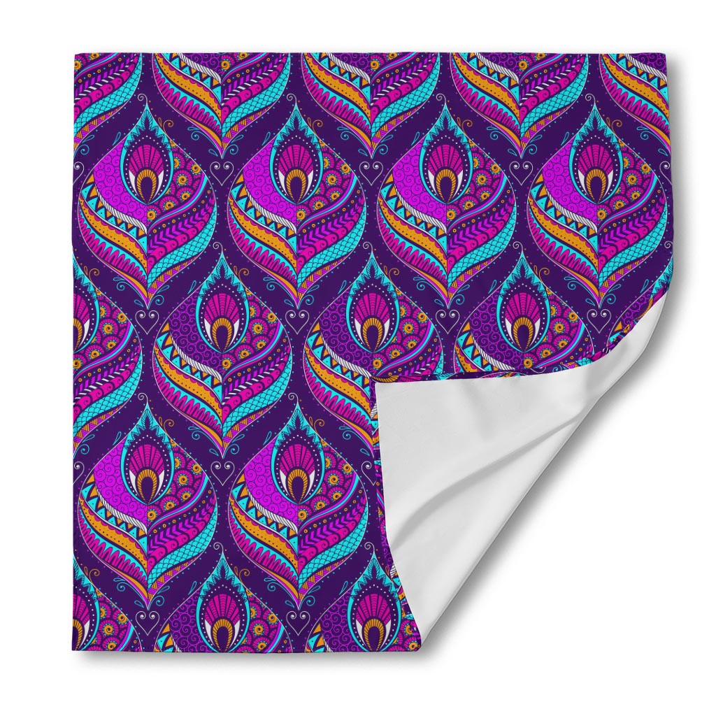 Purple Bohemian Peacock Feather Print Silk Bandana