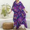 Purple Bohemian Peacock Feather Print Silk V-Neck Kaftan Dress