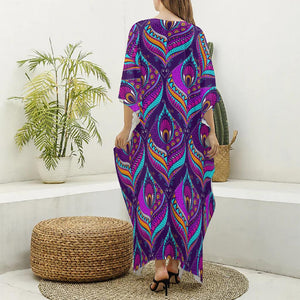 Purple Bohemian Peacock Feather Print Silk V-Neck Kaftan Dress