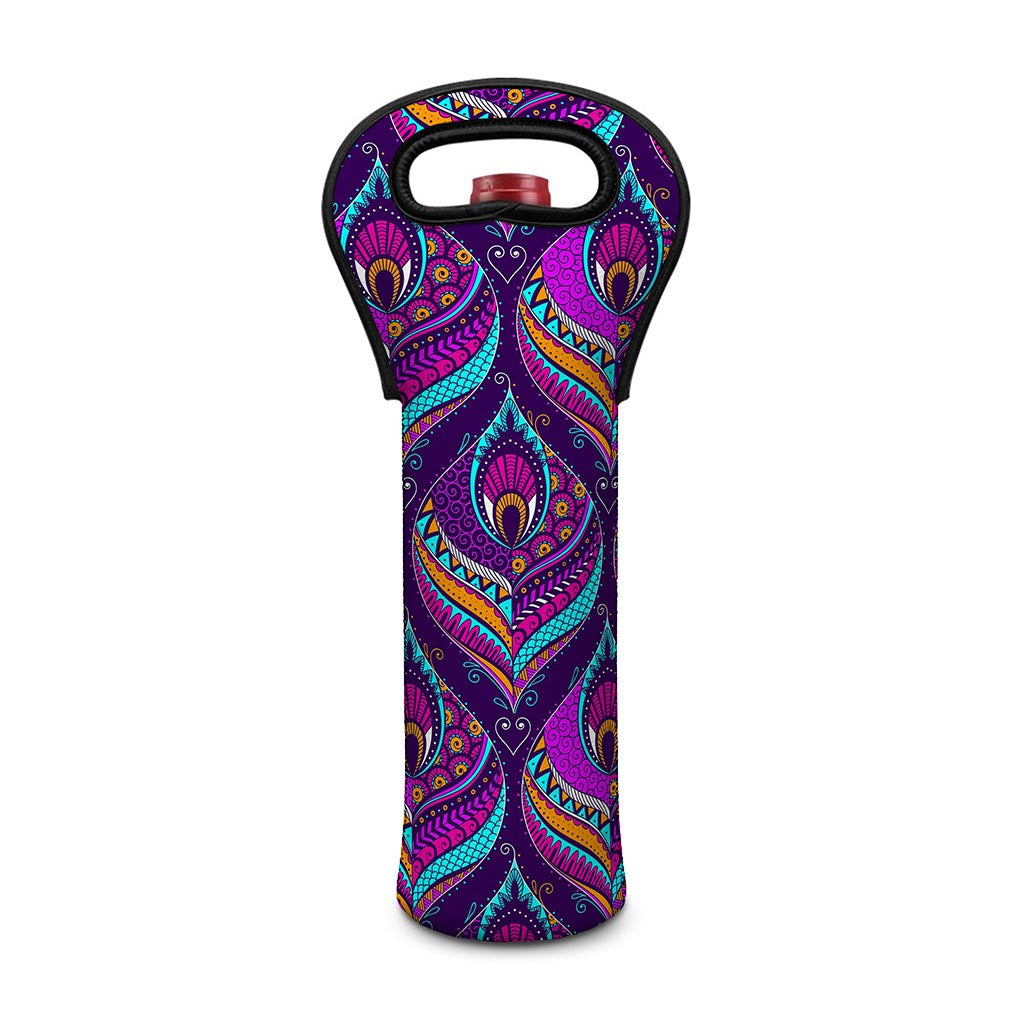 Purple Bohemian Peacock Feather Print Single Neoprene Wine Tote