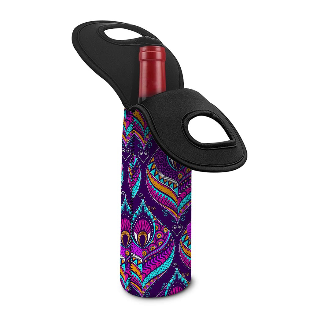 Purple Bohemian Peacock Feather Print Single Neoprene Wine Tote