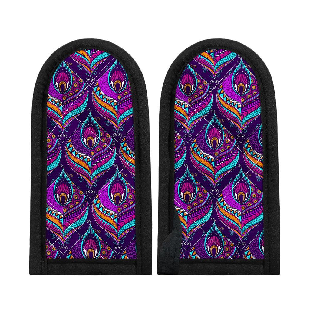 Purple Bohemian Peacock Feather Print Skillet Handle Cover