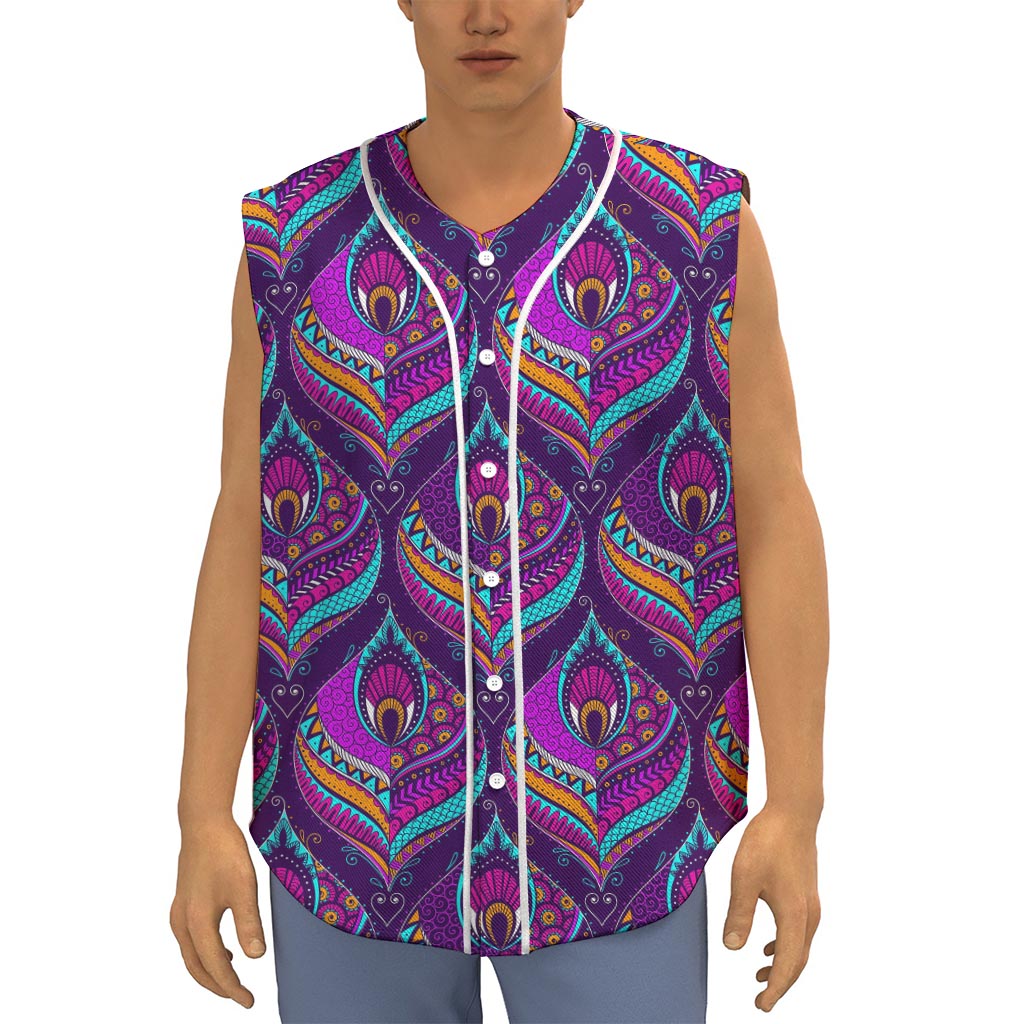 Purple Bohemian Peacock Feather Print Sleeveless Baseball Jersey