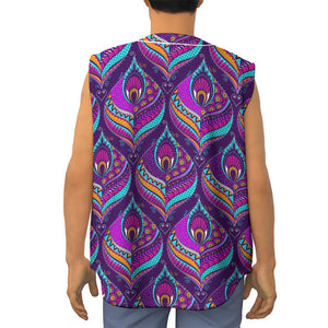 Purple Bohemian Peacock Feather Print Sleeveless Baseball Jersey