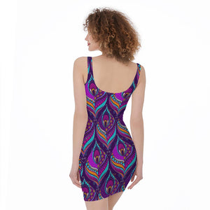 Purple Bohemian Peacock Feather Print Sleeveless Bodycon Dress