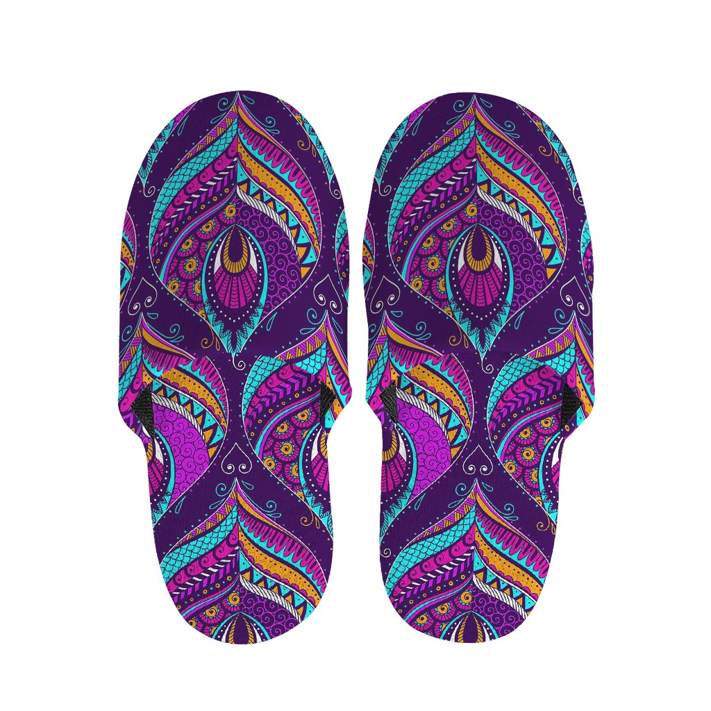 Purple Bohemian Peacock Feather Print Slippers