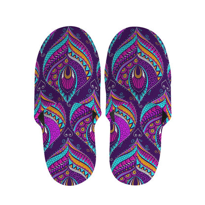 Purple Bohemian Peacock Feather Print Slippers