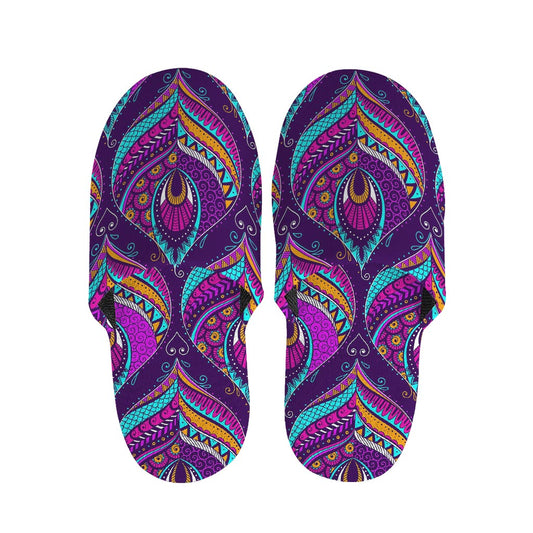 Purple Bohemian Peacock Feather Print Slippers
