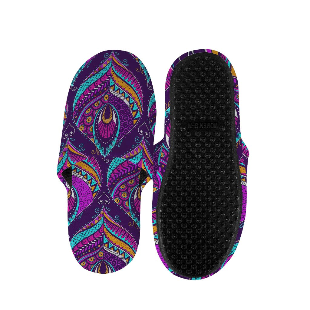 Purple Bohemian Peacock Feather Print Slippers