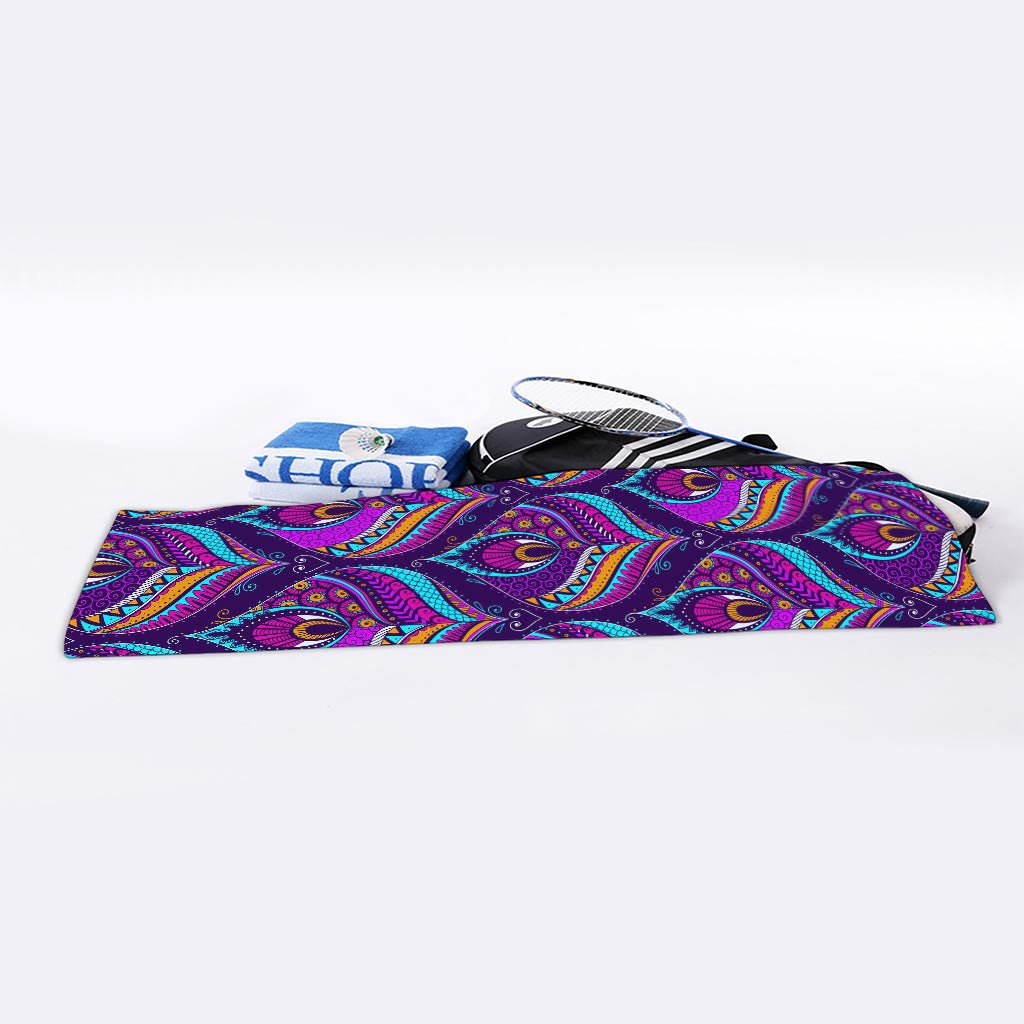 Purple Bohemian Peacock Feather Print Sports Towel