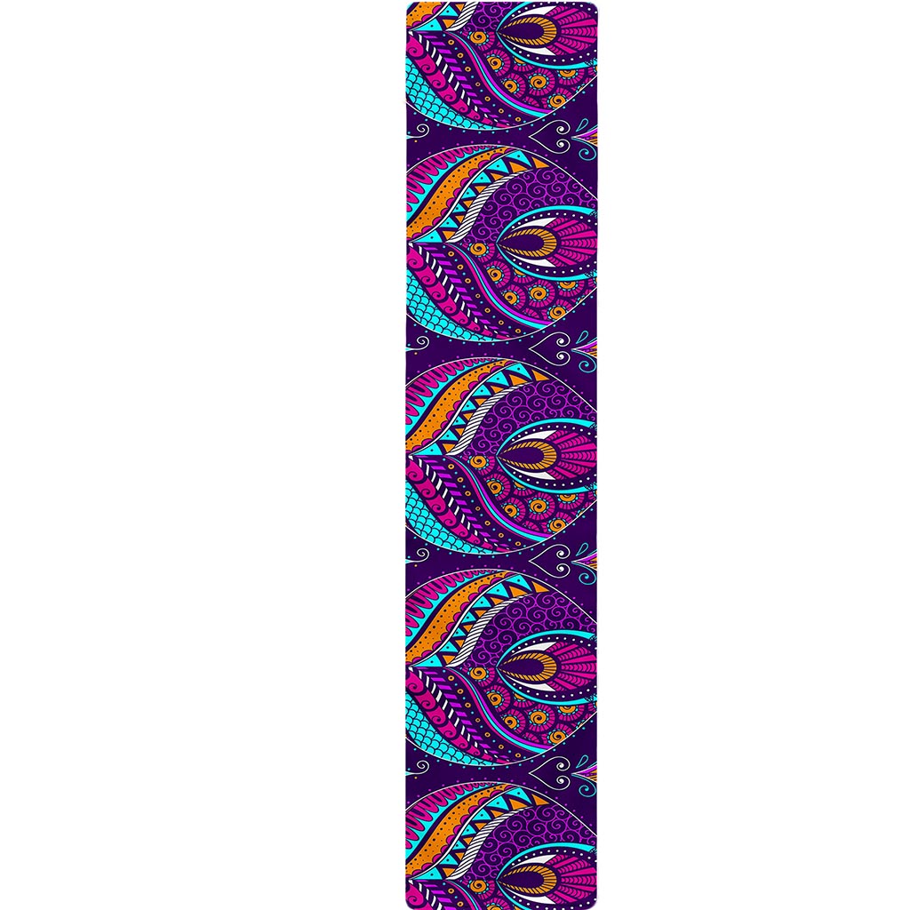 Purple Bohemian Peacock Feather Print Table Runner