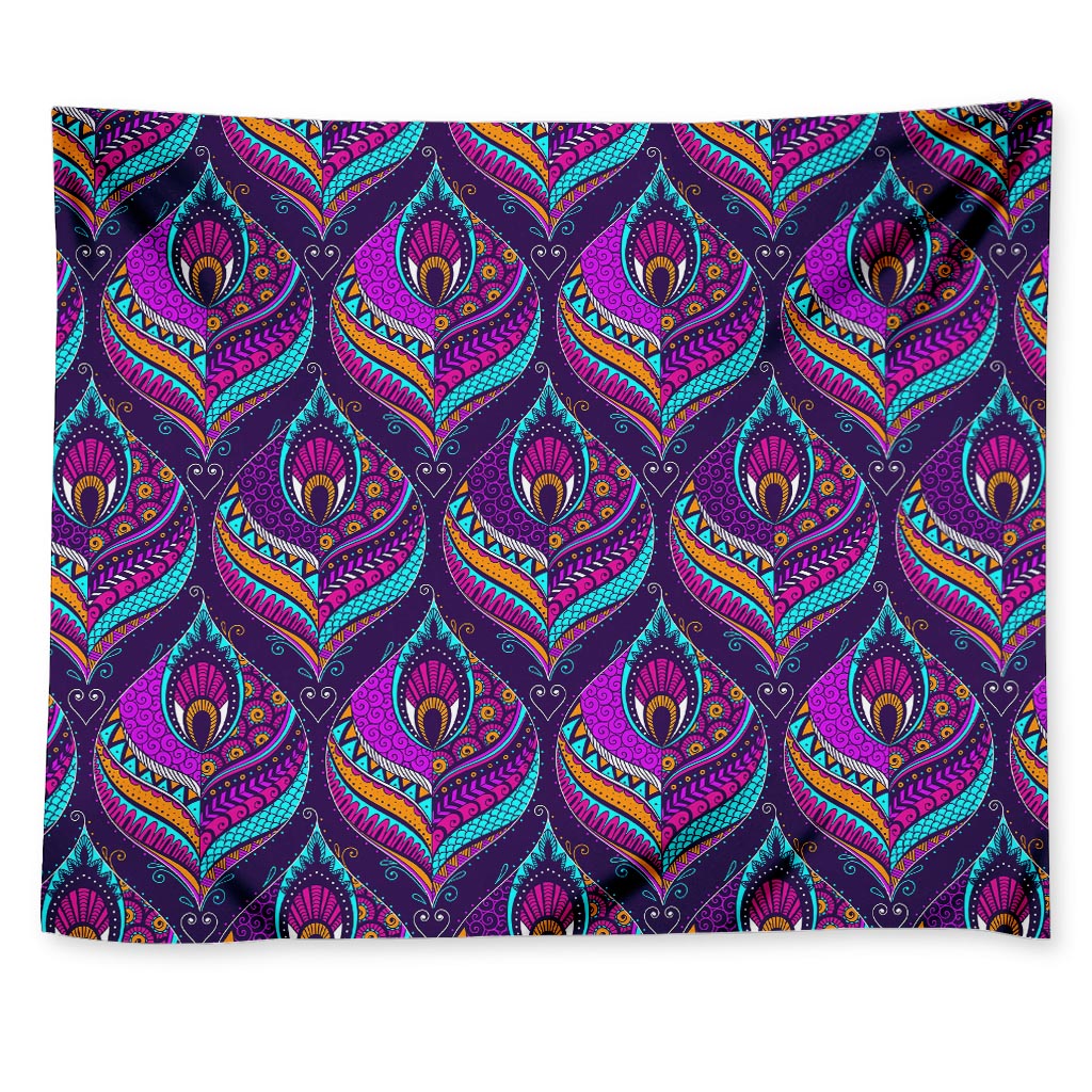Purple Bohemian Peacock Feather Print Tapestry