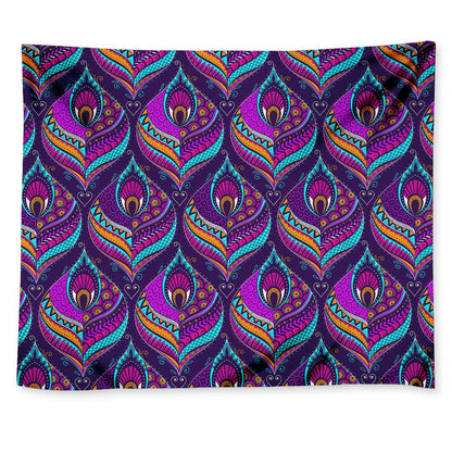 Purple Bohemian Peacock Feather Print Tapestry