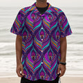 Purple Bohemian Peacock Feather Print Textured Short Sleeve Shirt