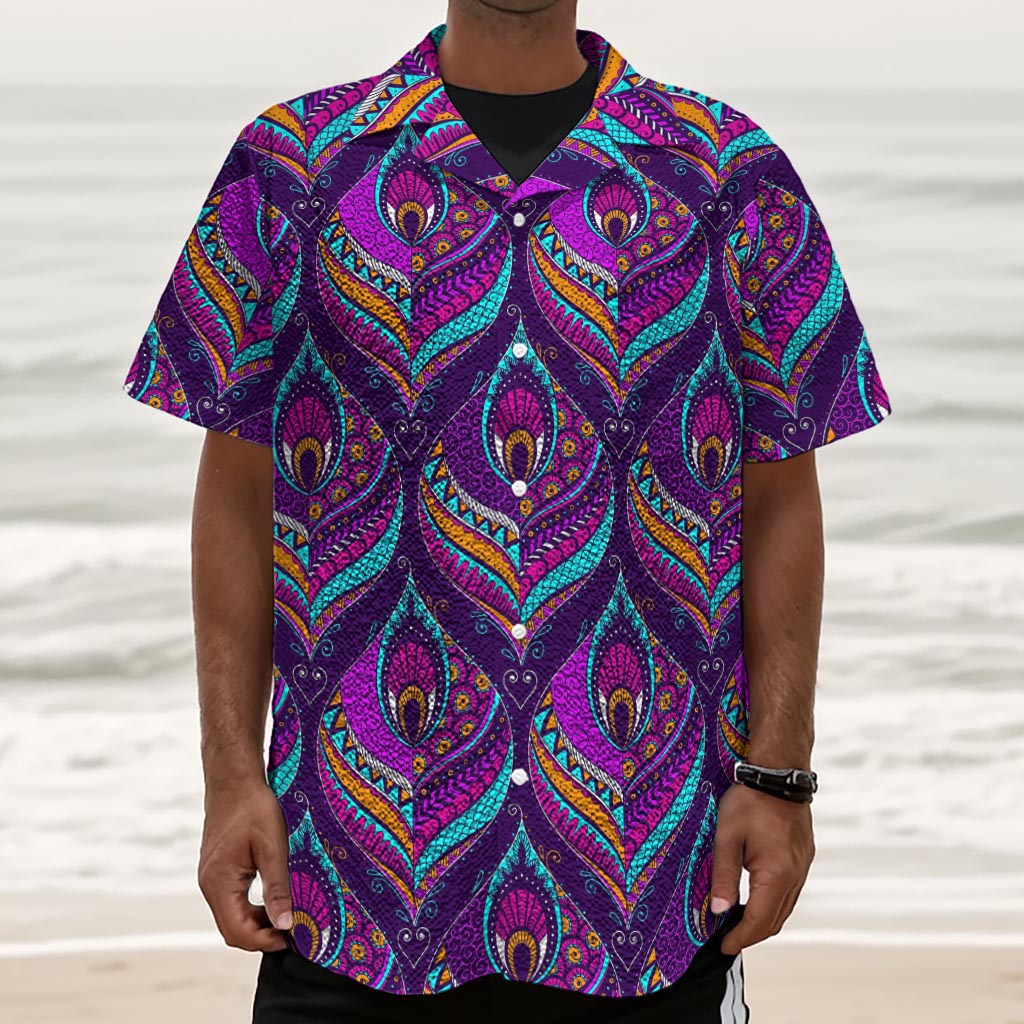 Purple Bohemian Peacock Feather Print Textured Short Sleeve Shirt