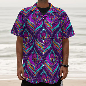 Purple Bohemian Peacock Feather Print Textured Short Sleeve Shirt