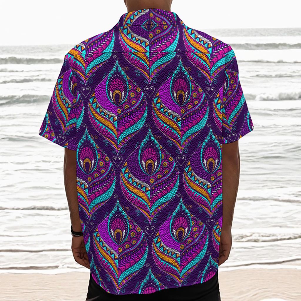 Purple Bohemian Peacock Feather Print Textured Short Sleeve Shirt