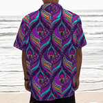 Purple Bohemian Peacock Feather Print Textured Short Sleeve Shirt