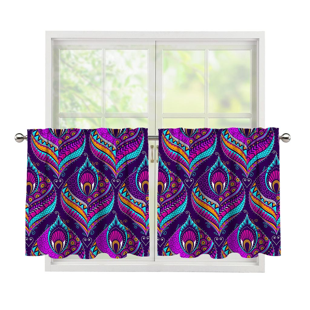 Purple Bohemian Peacock Feather Print Tier Curtains