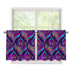 Purple Bohemian Peacock Feather Print Tier Curtains