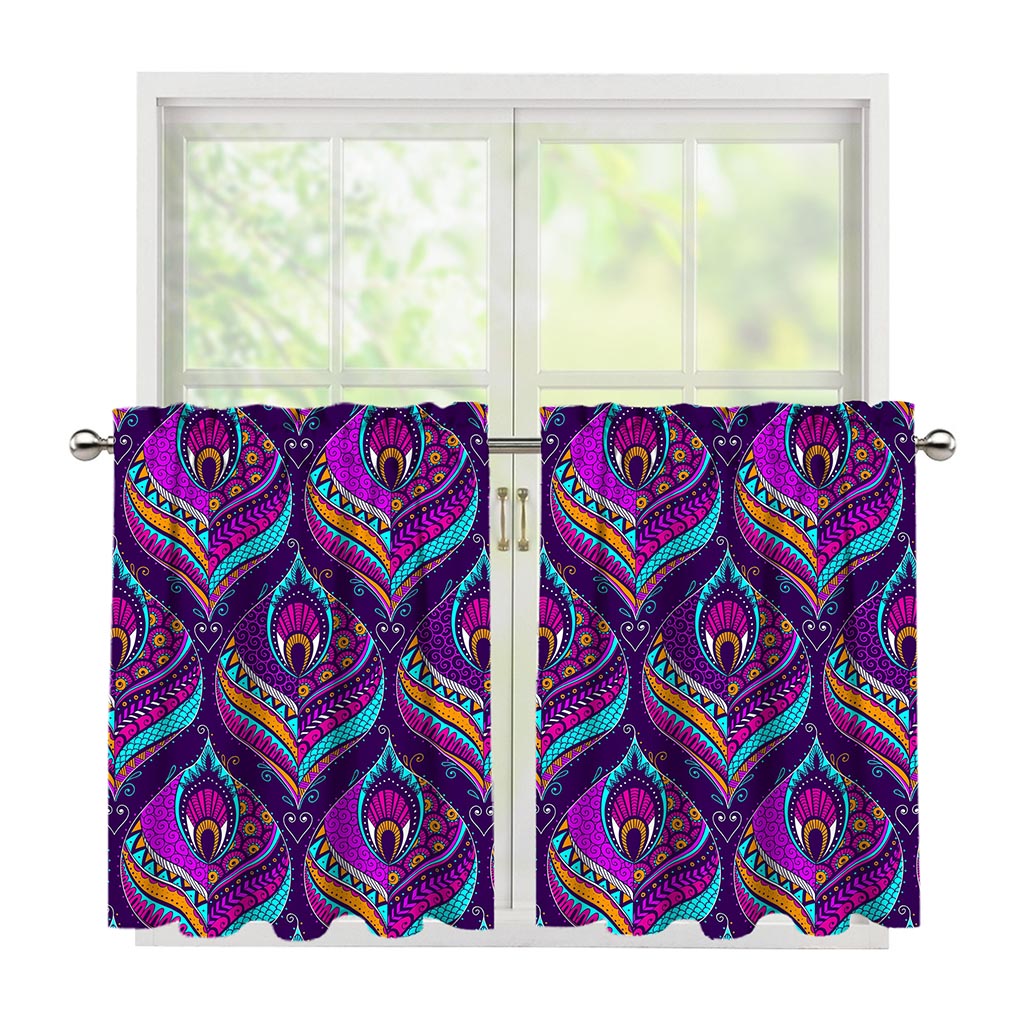 Purple Bohemian Peacock Feather Print Tier Curtains