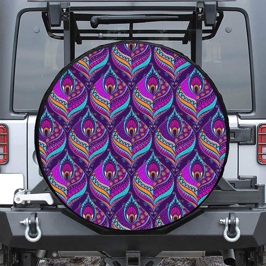 Purple Bohemian Peacock Feather Print Tire Cover