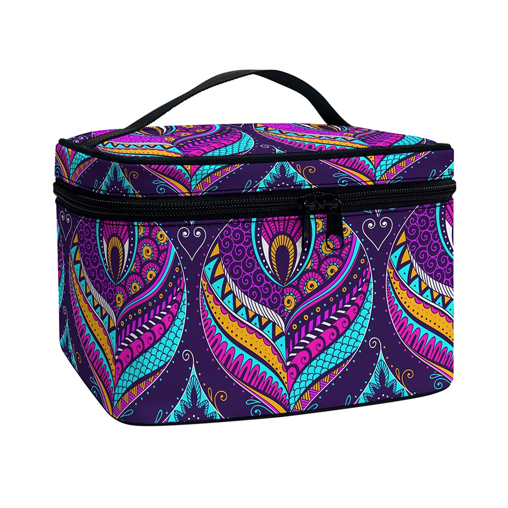 Purple Bohemian Peacock Feather Print Travel Makeup Bag