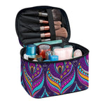 Purple Bohemian Peacock Feather Print Travel Makeup Bag