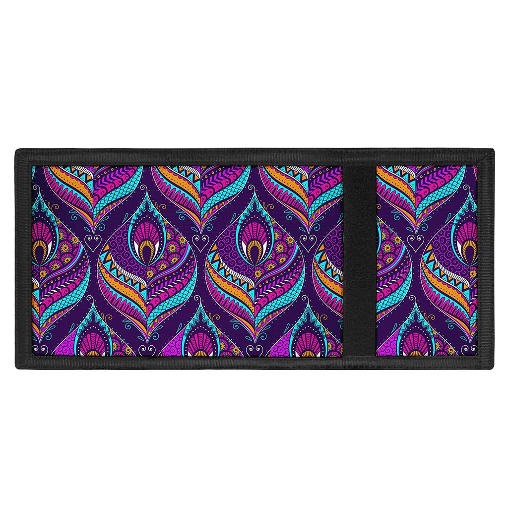 Purple Bohemian Peacock Feather Print Trifold Wallet