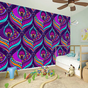 Purple Bohemian Peacock Feather Print Wall Sticker